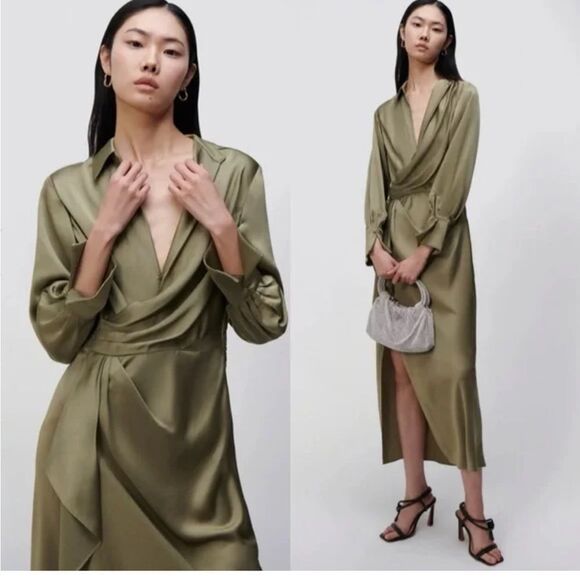 Jonathan Simkhai The Talita Draped Front Midi Dress in willow size 8 NWT $645 - Picture 1 of 9
